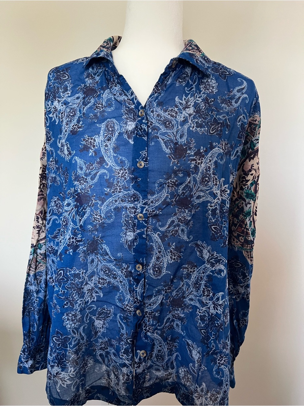 Free People Navy Blue Paisley Button-Up Shirt